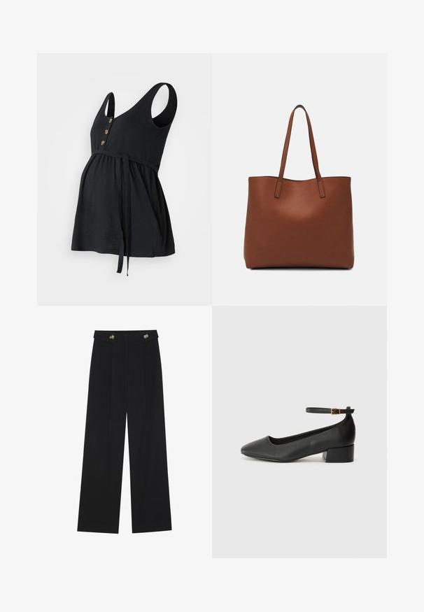 Schwarzes Stilloberteil mit ärmellosem Design, V-Ausschnitt, drei goldenen Knöpfen und verstellbarem Taillenzug; weicher Stoff und lockere Passform.; Schwarze weite Hosen mit hoher Taille, Knopfdetails am Bund und vorderen Falten.; Schwarze Lederpumps mit spitzem Zehenbereich und niedrigem Blockabsatz. Mit einem Knöchelriemen und einer goldfarbenen Schnalle. Glatte Textur.; Braune Leder-Tote mit glatter Textur, offenem Oberteil und zwei Schulterriemen. Verfügt über minimale Nähte und keine sichtbaren Beschläge.