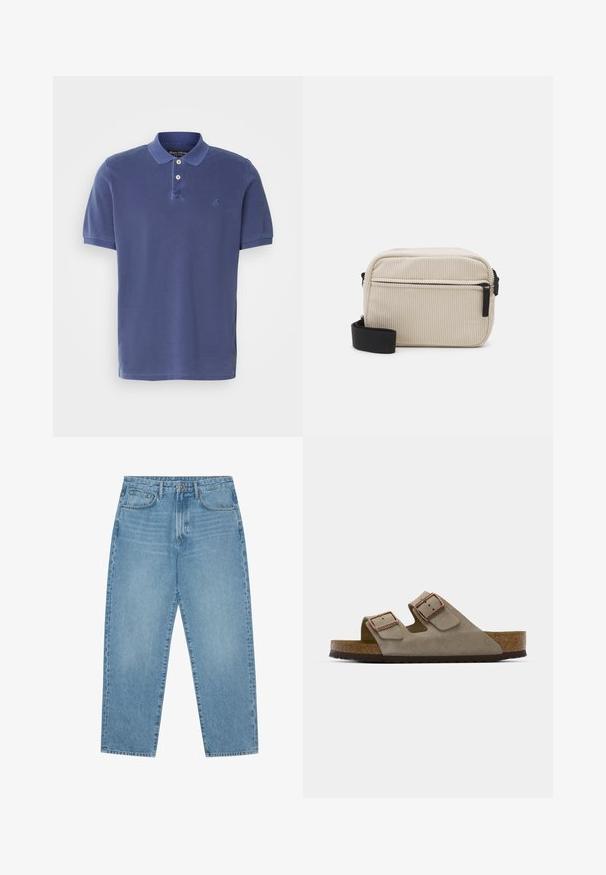Marineblå polo skjorte laget av bomull, med tre-knappers placket, korte ermer, og en liten logo på brystet. Enkel design.; Lyseblå denim brede benbukser med høy midje, som har fem lommer, beltehemper og en myk, lett falmet tekstur.; Suedeskid sandal i lys grå med to justerbare spenner, en kork-midsåle og en teksturert gummiyttersåle.; Kremfarget kordfløyels crossover-veske med svart glidelås, avtakbar stropp og teksturert mønster. Har ett hovedrom og en frontlomme.