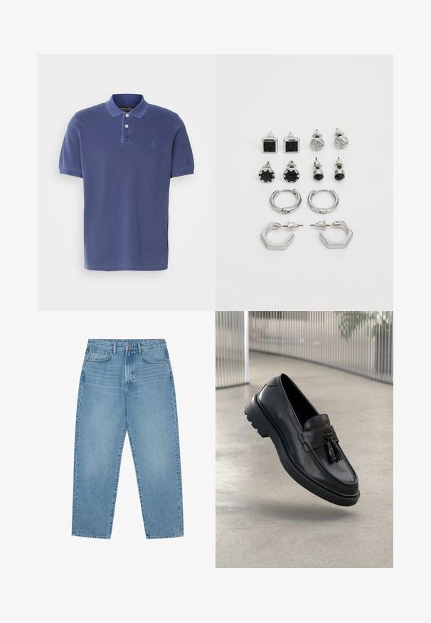 Námořnická modrá polo tričko vyrobené z bavlny, s tříknoflíkovým zapínáním, krátkými rukávy a malým logem na prsou. Jednoduchý design.; Světle modré džínové kalhoty se střihem rovného střihu, pěti kapsami a mírně vybledlou texturou. Mají zapínání na knoflík a zip.; Černé kožené mokasíny s hladkým povrchem, dekorativní střapec, silná gumová podrážka a prošité detaily. Lehký a elegantní design.; Sada náušnic ve stříbrném tónu, která obsahuje dva páry kroužkových náušnic a šest párů naušnic s různými tvary a texturami, včetně černých akcentů.