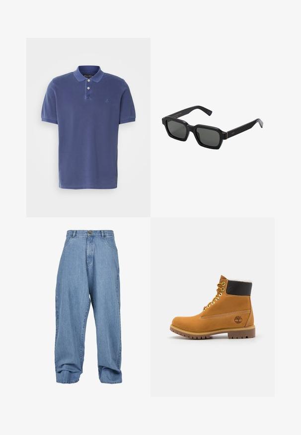 Marineblå polo skjorte laget av bomull, med tre-knappers placket, korte ermer, og en liten logo på brystet. Enkel design.; Lyseblå denimbukser med løs passform, knappesteng, frontlommer og oppbrettede ben, med et klassisk fem-lomme design.; Brune lær ankle boot med metaløyer, hvit pelsforing, svart polstret krage, robust såle og preget logo på siden.; svarte, firkantede solbriller med grå linser. Tykk plastinnfatning med gullakenter og merkevare på brillestangen. Glatt tekstur.