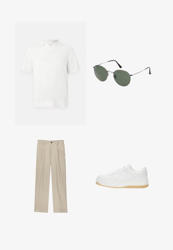 Witte polo-shirt met korte mouwen en een textuur gebreide patroon, voorzien van een V-hals kraag en geribde manchetten voor een aansluitende afwerking.; Beige broek met een rechte snit, voorzien van een enkele zwarte knoop, riemlussen en zijzakken. Glad stoffen textuur en een minimalistisch ontwerp.; Witte leren sneaker met een gematteerde afwerking, met een rubberen zool, vetersluiting en subtiele streepaccenten aan de zijkanten.; Metalen zonnebril met ovale groene lenzen. Dunne zilveren metalen rand en zwarte oorstoppers. Minimalistisch ontwerp, zonder zichtbare logo's.