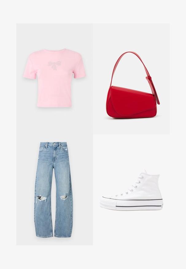 Short-sleeve pink cotton t-shirt featuring a rhinestone-embellished bow design on the front. Crew neckline, relaxed fit.; Light blue, high-waisted jeans made of denim. Feature wide legs, two torn knee areas, and classic five-pocket styling.; White high-top canvas sneaker with black rubber sole, front rubber toe cap, and six eyelets for laces, featuring a clean, minimalist design.; Red leather handbag with an angular, geometric design. Features a single adjustable strap and a flap closure with stitched detailing.