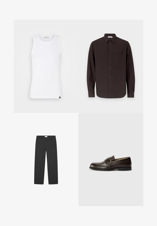 Balts bez piedurknēm topiņš, izgatavots no ribotu audumu, ar apaļu kakla izgriezumu un mazu logotipa birku apmalē. Gluda tekstūra un pieguļošs dizains.; Tumši brūns kokvilnas krekls ar garām piedurknēm, ar norāvušām apkaklēm, priekšējo kabatu un klasisku pogu aizdari pa priekšu.; Melni bikses, kas izgatavotas no viegla auduma. Tām ir taisnu kāju dizains ar platu priekšpusi, sānu kabatām un diskretu jostasvietu.; Calvin Klein Čības - cocoa brown