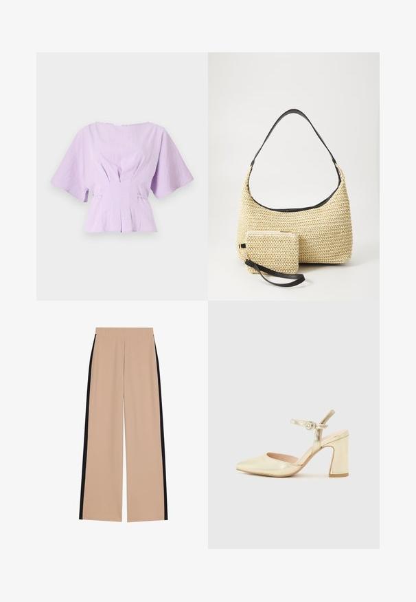 Lila lanena bluzica s kratkim, širokim rukavima, naboranim detaljima u struku i ležernim krojem, sa suptilnim plisiranim detaljima sprijeda.; Bež hlače širokih nogavica s glatkom teksturom, s crnim bočnim trakama. Gumica u struku osigurava udobnost i jednostavno oblačenje.; Zlatna metalik štikla s oštrim prstom, remenom oko gležnja s kružnom kopčom i debljim potplatom. Glatka tekstura.; Tkana torba od slame s zakrivljenom siluetom, koja sadrži glatku crnu kožnu naramenicu i odgovarajući mali neseser koji je pričvršćen narukvicom.