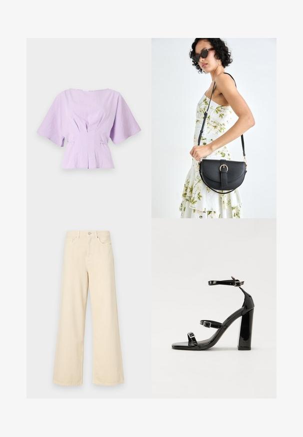 Lilac linen blouse with short, wide sleeves, gathered detailing at the waist, and a relaxed fit, featuring subtle pleats at the front.; Beige wide-leg jeans made of cotton. Features a button closure, belt loops, and front pockets with a smooth, soft texture.; Black patent heeled sandals with a square toe, ankle straps, and silver buckles. Features a chunky block heel for stability.; Black leather handbag with a curved shape, detachable strap, and gold hardware. The bag features a flap with a buckle detail.
