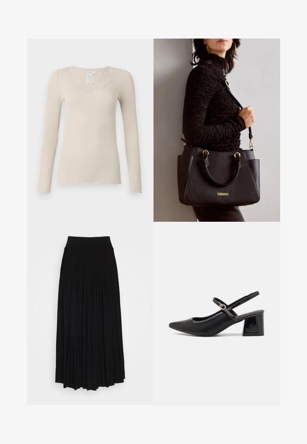 Rosemunde BABETTE U NECK - Long sleeved top - silver lining; Black pleated skirt with a high, stretchy waistband. Made from soft fabric, featuring vertical pleats for a flowing silhouette.; Black patent leather slingback heels with a pointed toe, a rounded cutout design, and a block heel. Features a gold-tone buckle accent.; Black handbag with textured surface, dual top handles, and adjustable shoulder strap. Features gold-tone hardware and side pockets.