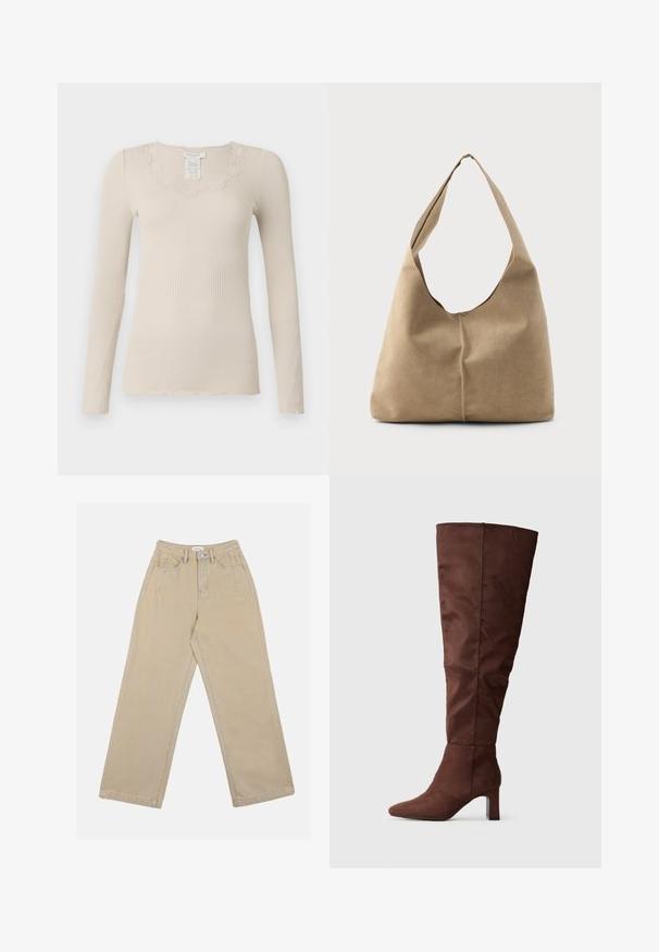 Rosemunde BABETTE U NECK - Ilgarankovis viršutinės dalies drabužis - silver lining; Bežinės platesnės džinsinės kelnės su aukštu liemeniu, priekinėmis kišenėmis ir kontrastingais siūlais. Dizainas apima mygtuko užsegimą.; Rudos, iki kelių siekiančius batus, pagamintus iš minkštos, suede medžiagos. Su pailgu smaigaliu ir storu kulnu, užtikrinančiu stabilumą. Lygus, matinio paviršiaus apdaila.; Minkšto smėlio spalvos zomšo hobo krepšys su laisva forma, plačia petneša ir rankomis siūtu siūlėmis priekyje.