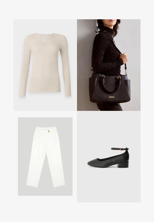 Rosemunde BABETTE U NECK - Langarmshirt - silver lining; Weiße, weit geschnittene Hosen aus glattem Material. Mit einem einzigen gelben Knopfverschluss und einem gefalteten Frontdesign. Keine sichtbaren Taschen.; Schwarze Lederpumps mit spitzem Zehenbereich und niedrigem Blockabsatz. Mit einem Knöchelriemen und einer goldfarbenen Schnalle. Glatte Textur.; Schwarze Handtasche mit strukturierten Oberflächen, doppelten Obergriffen und verstellbarem Schultergurt. Mit goldfarbener Hardware und Seitentaschen.