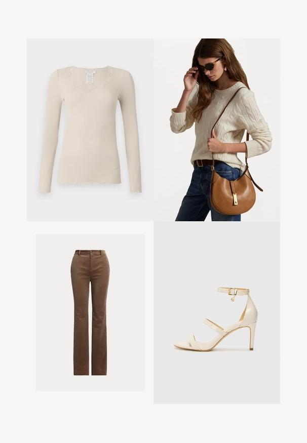 Rosemunde BABETTE U NECK - Ilgarankovis viršutinės dalies drabužis - silver lining; Rudos kordūrinio audinio kelnes su tiesia buvo, turinčios diržo kilpas, priekinėmis kišenėmis ir subtiliu vertikaliu raštu tekstūrai.; Šviesiai rudos aukštakulnės sagaus su plona kulkšnies juostele ir dviem viršutinėm juostelėm. Blizgus lakinės odos apdailos ir auksinė detalių apdaila ant kulkšnies juostelės.; Ruda odinė pečių rankinė su kreiva forma ir auksinėmis detalėmis. Modelis vilki šviesią mezginio megztinį ir mėlynus džinsus.