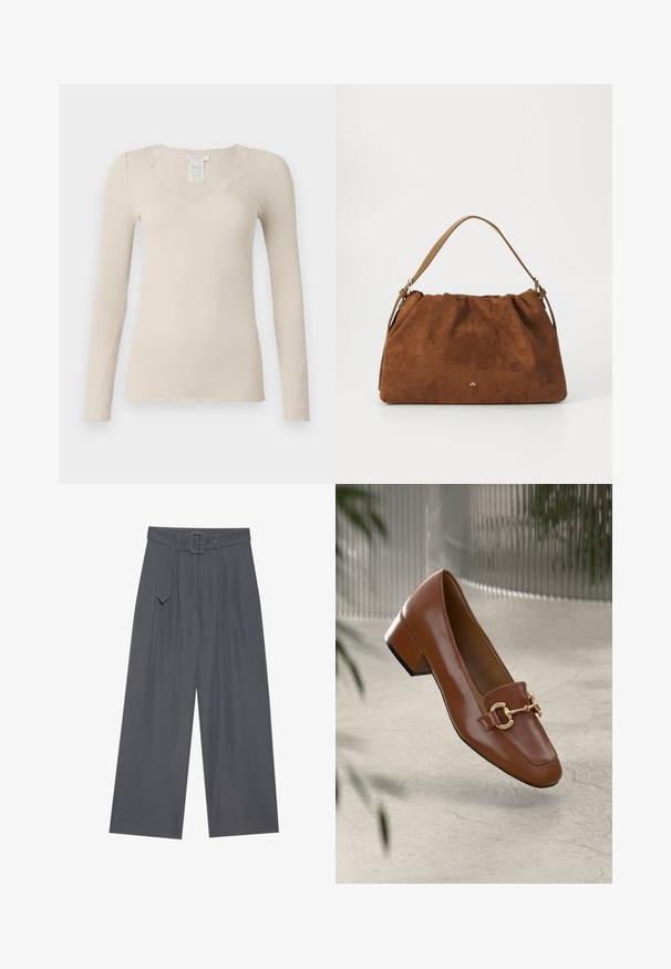 Rosemunde BABETTE U NECK - Long sleeved top - silver lining; Wide-leg trousers in dark grey fabric with a belted waist, featuring front pleats and smooth texture. No additional patterns or accents.; Brown patent leather loafer with square toe, metallic chain accent, and low block heel; smooth texture, minimalist design.; Brown suede handbag with a gathered design, featuring a single tan leather strap and a subtle gold logo detail on the front.