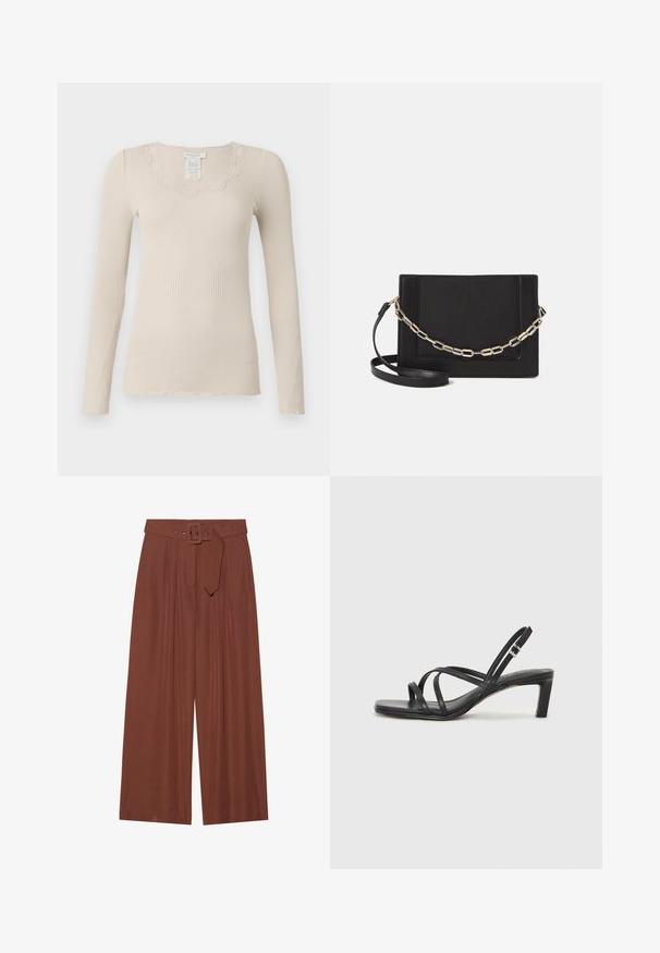 Rosemunde BABETTE U NECK - Pikkade varrukatega topp - silver lining; Küljed on laiad pruunidest kangast püksid, millel on ruudukujuline pandla ja pleeditud disain, samuti sile tekstuur.; Mustast rihmajalatsid ruudukujulise varba ja madala ploki kontsaga. Omab mitmeid õhukesi rihmasid ja reguleeritavat pahkluu rihma. Valmistatud siledast nahast.; Mustast nahast õlakott, mis omab siledat tekstuuri, ristküliku kuju ning esiküljel metallketi detaili. Reguleeritav rihm on kaasas.