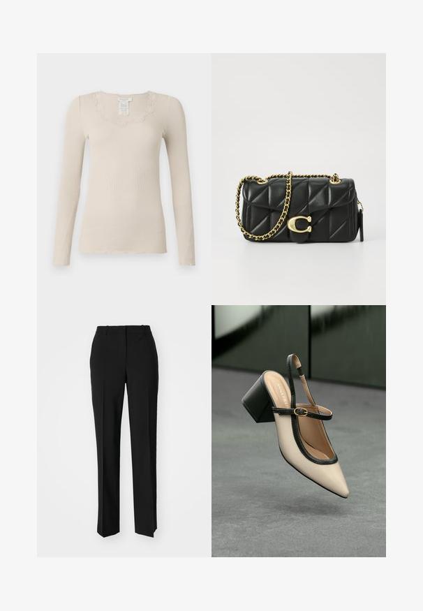 Rosemunde BABETTE U NECK - Hosszú ujjú felső - silver lining; Fekete, testhezálló nadrág egyenes szárú kivitelben, sima textúrával és éles redőkkel az elején. Nincs látható fémalkatrész.; Beige, hegyes orrú, pántos cipő fekete díszítéssel, arany csattal és vastag blokk sarokkal, szürke padlón, sötétzöld háttér előtt.; Fekete steppelt bőr kézitáska arany lánc pánttal és kör alakú akasztóval. Kompakt, téglalap alakú.
