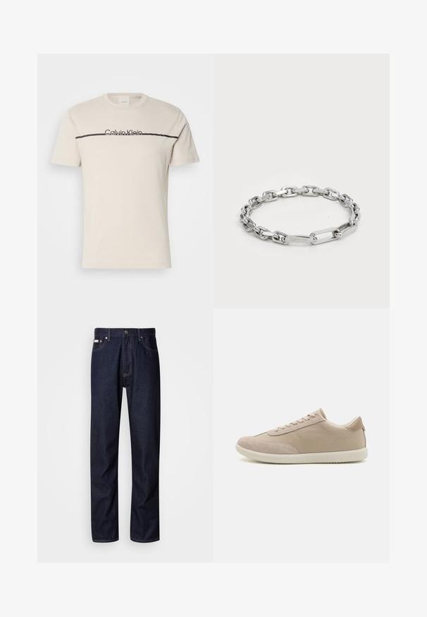 Krémové bavlněné tričko s krátkým rukávem, se černým logem "Calvin Klein" a vodorovným černým pruhem přes hruď.; Tmavomodré džínové kalhoty se střihováním rovného nohavice, s knoflíkovým zapínáním, pěti kapsami a kontrastním prošíváním.; Beige tenisky s kombinací semiše a plátna, s tkaničkami, kulatou špičkou, texturovanou podešví a decentním logem značky na boku.; Stříbrný řetízek na zápěstí se zaoblenými a obdélníkovými články s hladkým povrchem. Vyrývané logo Calvin Klein na plochém článku.