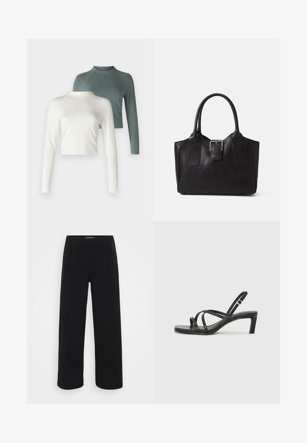 Kaks pikkade varrukatega särk: üks kreemika värvuse ja lühendatud disainiga ning teine roheline, tavapikkune raglankäistega. Mõlemad pehmest kangast.; Mustad laiad püksid elastse vöökohtaga. Valmistatud tekstuurilisest materjalist, millel on lõtv istuvus ja sirge lõige puusadest heleni.; Mustast rihmajalatsid ruudukujulise varba ja madala ploki kontsaga. Omab mitmeid õhukesi rihmasid ja reguleeritavat pahkluu rihma. Valmistatud siledast nahast.; Mustgamma nahast kott, millel on sile tekstuur, struktureeritud kuju, kaks käepidet ja esiküljel silmapaistev hõbedane pandla detail.