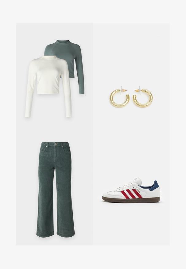 Duas blusas de manga longa: uma com design cropped em cor creme e a outra verde, de comprimento regular, com mangas raglan. Ambas em um tecido suave.; Vero Moda Petite VMTESSA PANTS - Calças - balsam green; Sapatilha branca com riscas de camurça vermelha, detalhe do calcanhar em camurça azul e sola de borracha texturizada castanha. Apresenta fecho de atacadores e logotipo.; Brincos em argola dourados com um acabamento liso e brilhante. Design circular com um pequeno pino e suporte transparente para um uso seguro.