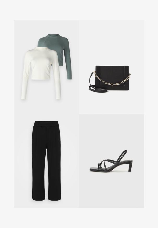 Two long-sleeve tops: one cream-colored, cropped design, and one green, regular length with raglan sleeves. Both in a soft fabric.; Black wide-leg pants made of a smooth fabric, featuring a flat front, belt loops, and no visible pockets. Clean, tailored design.; Black strappy sandal with a square toe and a low block heel. Features multiple thin straps and an adjustable ankle strap. Made of smooth leather.; Black leather crossbody bag featuring a smooth texture, rectangular shape, and a metallic chain detail on the front. Adjustable strap included.