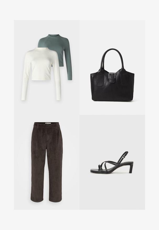 To lange ermelige topper: en kremfarget, kort modell og en grønn, vanlig lengde med raglanermer. Begge i et mykt stoff.; Brune corduroy bukser med en lige ben design, subtil tekstur og en frontknaplukning med sidelommer.; Sorte sandaler med stropper, firkantet tå og lav blokk hæl. Har flere tynne stropper og en justerbar ankelstropp. Laget av glatt lær.; Svart skinn toteveske med jevn tekstur, strukturert form, to håndtak og en fremtredende sølvspenne foran.