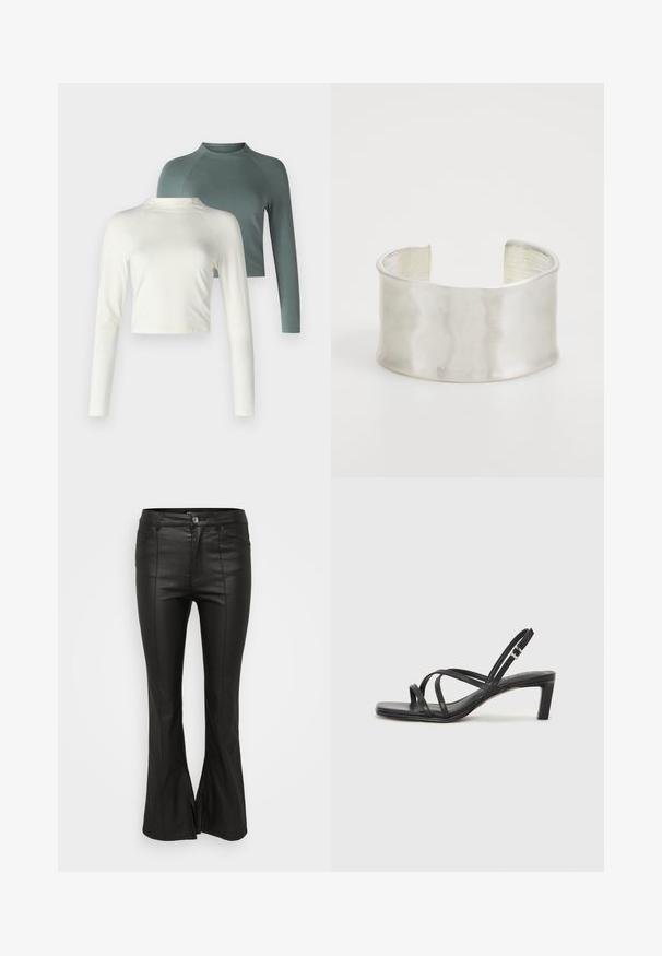 Two long-sleeve tops: one cream-colored, cropped design, and one green, regular length with raglan sleeves. Both in a soft fabric.; Black flared pants with a shiny, leather-like texture, featuring front pockets, a button closure, and side slits at the hem.; Black strappy sandal with a square toe and a low block heel. Features multiple thin straps and an adjustable ankle strap. Made of smooth leather.; Zign Bracelet - silver-coloured