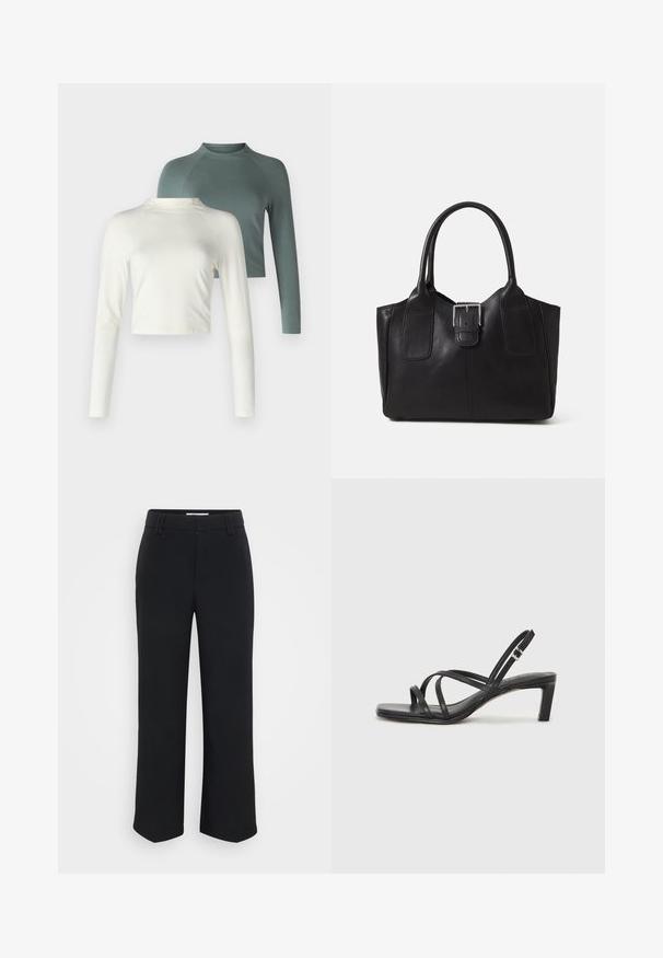 Two long-sleeve tops: one cream-colored, cropped design, and one green, regular length with raglan sleeves. Both in a soft fabric.; Black wide-leg trousers with a smooth texture, featuring a flat waistband and side pockets, designed with a minimalist aesthetic.; Black strappy sandal with a square toe and a low block heel. Features multiple thin straps and an adjustable ankle strap. Made of smooth leather.; Black leather tote bag with smooth texture, structured shape, two handles, and a prominent silver buckle detail on the front.