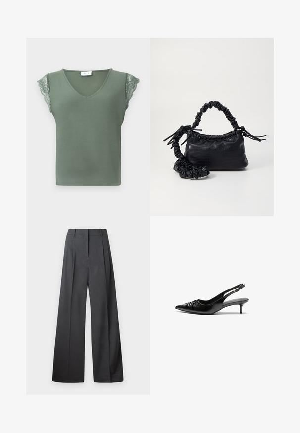 Green sleeveless top with a V-neck, featuring lace accents on the shoulders and a smooth texture. Tag visible at the neck.; Wide-leg trousers in dark gray fabric, featuring a high waist, single pleats, and a smooth texture with a clean finish at the hems.; Black leather slingback heels with a pointed toe, low kitten heel, and gathered detail on the vamp. Smooth texture and minimalist design.; Black faux leather handbag with a crocodile texture, cinched top, and a scrunched strap. Appears soft and compact in design.