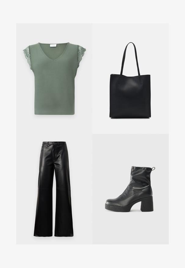 Grünes ärmelloses Top mit V-Ausschnitt, versehen mit Spitzenakzenten an den Schultern und einer glatten Textur. Etikett am Hals sichtbar.; Schwarze leichte, weit geschnittene, hochtaillierte Kunstlederhose mit vorderem Knopf, Reißverschluss, Gürtelschlaufen und Seitentaschen auf weißem Hintergrund.; Schwarze Stiefeletten aus glattem Leder mit seitlichem Reißverschluss, klobigem strukturiertem Absatz und runder Zehenform.; Schwarze Laptoptasche aus Leder mit glatter Textur, rechteckiger Form und zwei langen Griffen. Keine sichtbaren Beschläge oder Verzierungen.