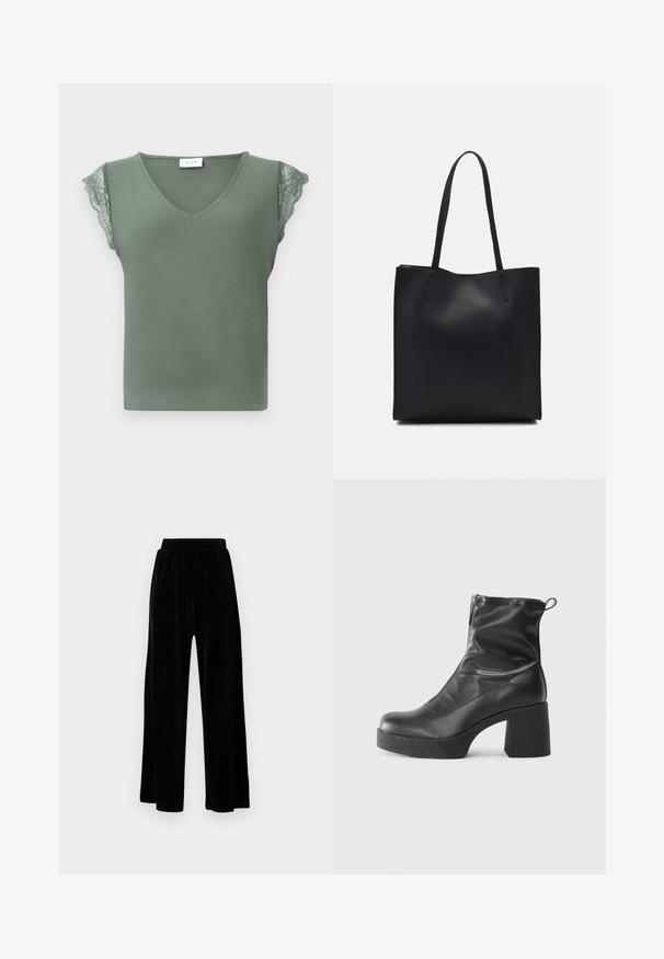 Zelena brezrokavna majica z V-izrezom, ki ima čipkaste detajle na ramah in gladko teksturo. Oznaka je vidna na vratu.; Črne široke hlače iz mehkega žameta, z elastičnim pasom in gladko teksturo, brez vidnih detajlov ali vzorcev.; Črne gležnjarje iz gladke kože z božnim zadrgo, masivnim teksturiranim peto in zaobljeno obliko prstov.; Črna usnjena torba s svilnato teksturo, pravokotne oblike in dvema dolgima ročajema. Brez vidnih metalnih delov ali okrasnih elementov.