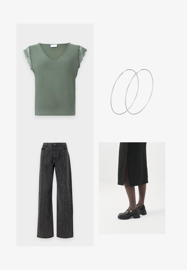 Top verde senza maniche con scollo a V, caratterizzato da dettagli in pizzo sulle spalle e una texture liscia. Etichetta visibile al collo.; Noisy May NMJANNEL LOOSE - Jeans baggy - black denim; Scarpe in pelle nera con punta arrotondata, tacco spesso a blocco e accenti laterali in elastico, abbinate a collant scuri e una gonna nera con uno spacco.; Orecchini a cerchio in argento con un design minimalista. Forma circolare, superficie liscia e profilo sottile. Leggeri con una finitura lucida.