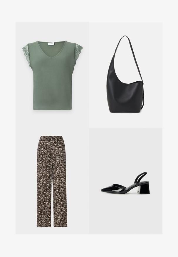 Green sleeveless top with a V-neck, featuring lace accents on the shoulders and a smooth texture. Tag visible at the neck.; Leopard print trousers feature a black and beige pattern, elastic waistband, and straight leg design. Made from soft, lightweight fabric.; Black patent leather slingback heels with a pointed toe and a geometric block heel. Features a sleek, minimal design and smooth texture.; Black leather hobo bag with a smooth texture, curved shape, and single adjustable strap; features a wide opening at the top.