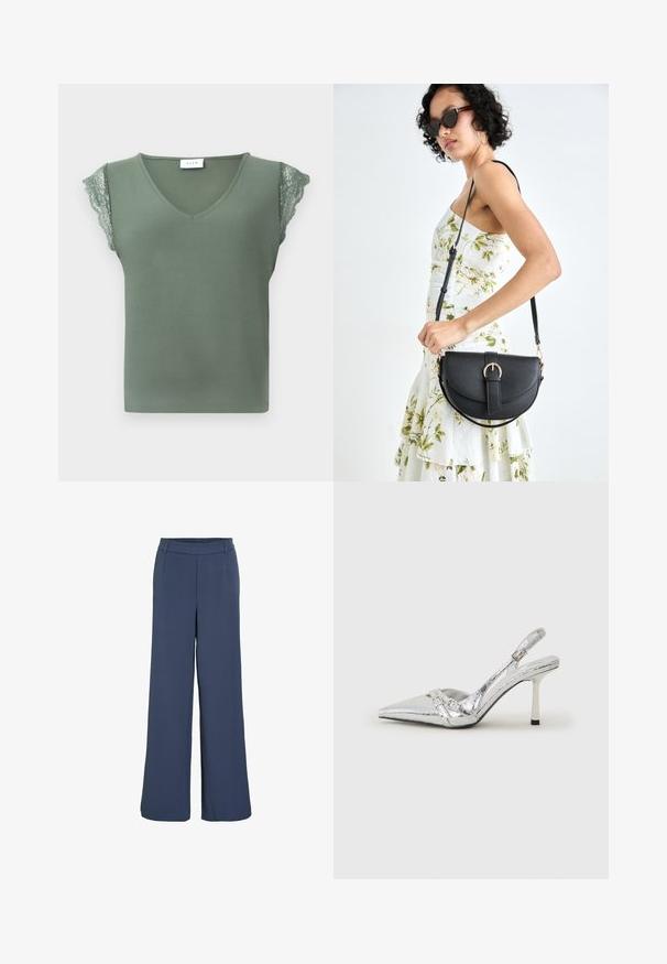 Zielony bezrękawnik z dekoltem w kształcie litery V, ozdobiony koronkowymi akcentami na ramionach i gładką powierzchnią. Metka widoczna przy dekolcie.; Spodnie o szerokich nogawkach w jednolitym ciemnoniebieskim kolorze, z elastyczną talią i gładką teksturą. Bez widocznych wzorów czy elementów metalowych.; Srebrny but na wysokim obcasie typu slingback z ostrym noskiem, metalicznym wykończeniem, dwiema dekoracyjnymi taśmami i smukłym obcasem z czubkiem w kolorze czarnym.; Czarna skórzana torebka o zakrzywionym kształcie, z odpinanym paskiem i złotymi akcentami. Torebka posiada klapę z zapięciem w kształcie klamry.