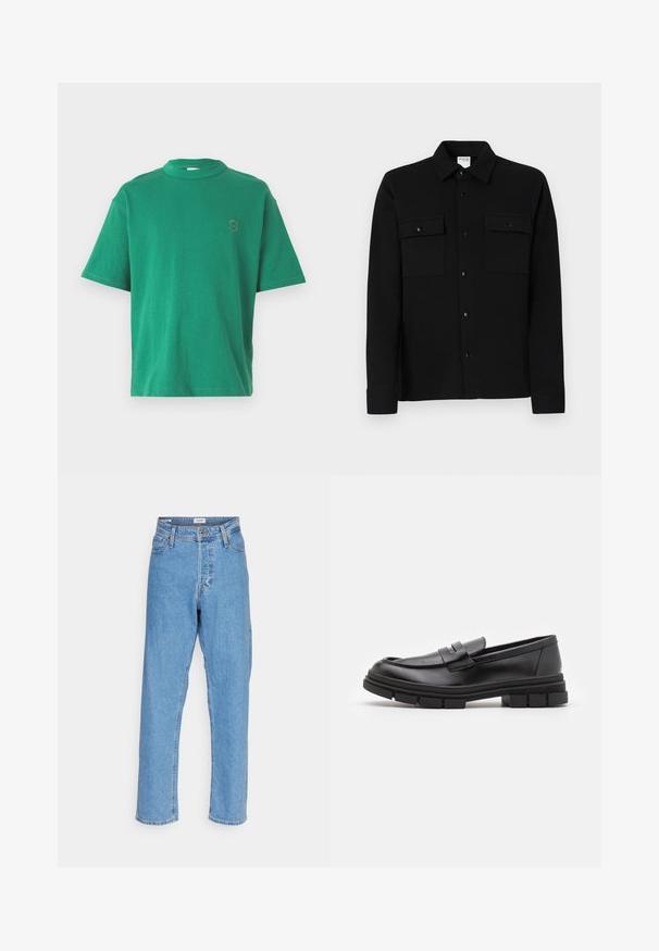 T-shirt de algodão verde com decote redondo, mangas curtas e uma letra "S" bordada no lado esquerdo do peito. Textura suave, ajuste descontraído.; Camisa preta de botão, feita de tecido suave, com dois bolsos no peito, colarinho pontudo e punhos com botões. Design simples com pouca ornamentação.; Jeans de cintura alta, de perna reta, azul claro, com botão frontal, fecho de zíper, passantes para cinto e design de cinco bolsos em fundo branco.; Mocassins de couro preto com um acabamento liso, apresentando um detalhe de tira na parte frontal e uma sola de borracha robusta com acabamentos estriados.