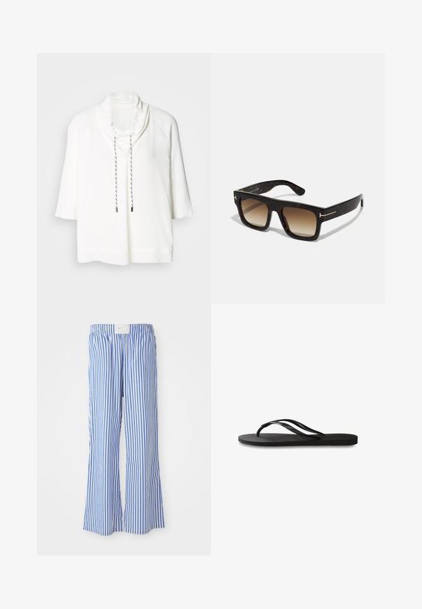 Top bianco a maniche corte con colletto a cascata e chiusura con lacci. Tessuto morbido e liscio con vestibilità rilassata. Texture sottile e lacci a contrasto.; Pantaloni blu e bianchi a righe con una vestibilità rilassata, realizzati in tessuto leggero, dotati di una fascia elastica in vita e di un discreto etichetta con logo.; Infradito neri con suola in gomma testurizzata, due cinghie sottili e un sottile dettaglio del logo impresso sulla cinghia.; Occhiali da sole tartarugati con montatura quadrata, lenti marroni sfumate e sottili dettagli in oro sugli steli.; Borsa a spalla in suede marrone con due manici morbidi, una tracolla verticale con un accento in argento e una parte superiore larga e aperta. Texture liscia, design minimalista.