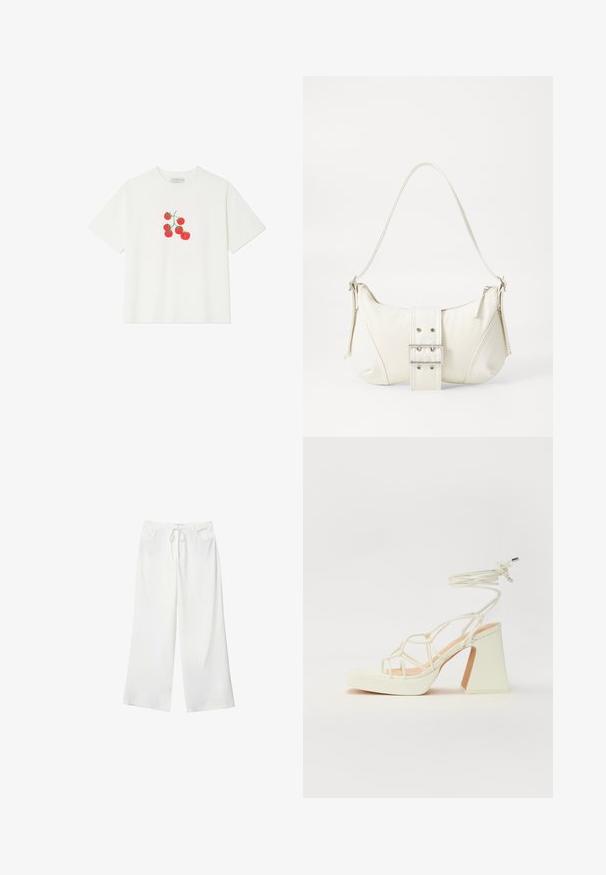 Biely bavlnený tričko s grafikou piatich červených paradajok. Krátke rukávy a voľný strih. Hladká textúra s živými farbami.; Biele široké nohavice vyrobené z mäkkej látky, s pásekom na sťahovanie a dvoma prednými vreckami. Hladká textúra a bez viditeľných vzorov.; Biele sandále na vysokom opätku s hrubým podpätkom, s pruhovaným dizajnom a viazaním na členku. Hladký povrch s platformou vpredu pre zvýšenú výšku.; Biela taška cez rameno s textúrovaným povrchom, centrálnou prackou a zakriveným tvarom. Zipsy na oboch stranách.