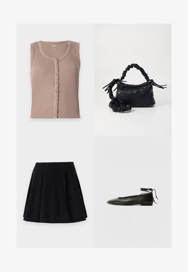 Brūna ribota piedurkņu bez augšdaļa ar apaļu kakla izgriezumu un pogu fronti, ar horizontālām teksturētām svītrām. Izgatavota no mīksta auduma.; Melna kokvilnas svārki ar izplūdušu siluetu, ar plecušiem jostas apvidū un gludu tekstūru. Piemēroti ikdienas valkāšanai.; Melnas ādas baleta kurpes ar smailu purngalu, potītes saitēm un plakanu zoli, kas izceļas ar gludu tekstūru un minimālistisku dizainu.; Melnā mākslīgās ādas rokassoma ar krokodila rakstu, savilkta augšdaļa un saburzīta siksna. Izskatās mīksta un kompakta pēc dizaina.