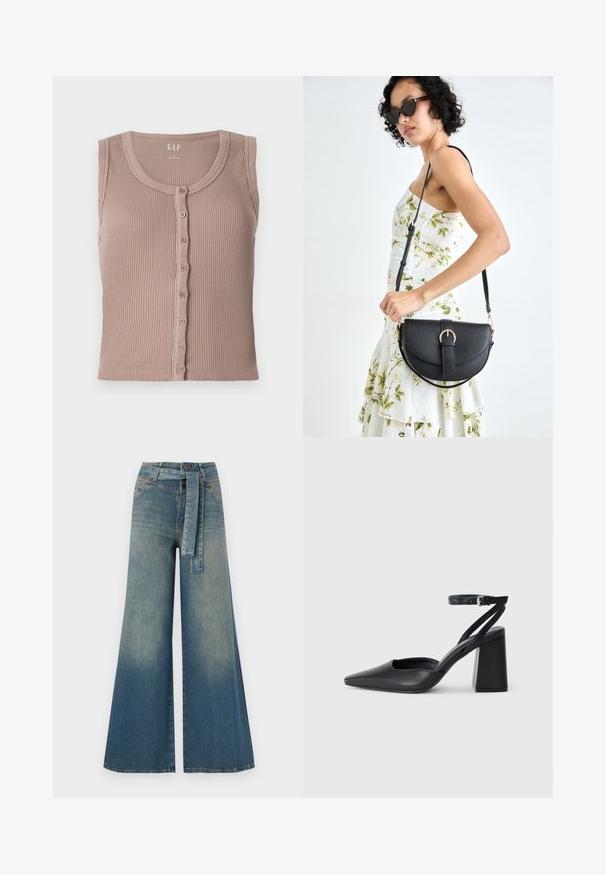 Top de alças castanho, com decote redondo e botão à frente, apresentando riscas texturizadas horizontais e sem mangas. Feito de tecido suave.; Calças de ganga de perna larga com um gradiente de azul claro a escuro, cintura alta, passantes para cinto e um cinto de tecido a condizer. Acabamento em ganga texturizada.; Sandal com biqueira afilada em couro preto, com cinta no tornozelo e salto grosso. Textura lisa, design elegante e estética minimalista.; Bolsa de couro preta com forma curva, alça destacável e detalhes em dourado. A bolsa possui uma aba com detalhe de fivela.