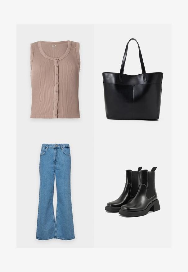 Débardeur en maille marron avec un col rond et un devant à boutons, présentant des rayures texturées horizontales et sans manches. Fabriqué en tissu doux.; Jean flare bleu clair en denim, avec une taille haute, cinq poches et une fermeture à un bouton. Texture douce avec une finition décolorée.; Bottes Chelsea en cuir noir avec un talon épais, des panneaux latéraux élastiques et des coutures blanches contrastantes. Fini texturé.; Sac fourre-tout en cuir noir avec deux longues poignées, une texture lisse et une forme structurée. Dispose d'une poche avant pour un rangement supplémentaire.