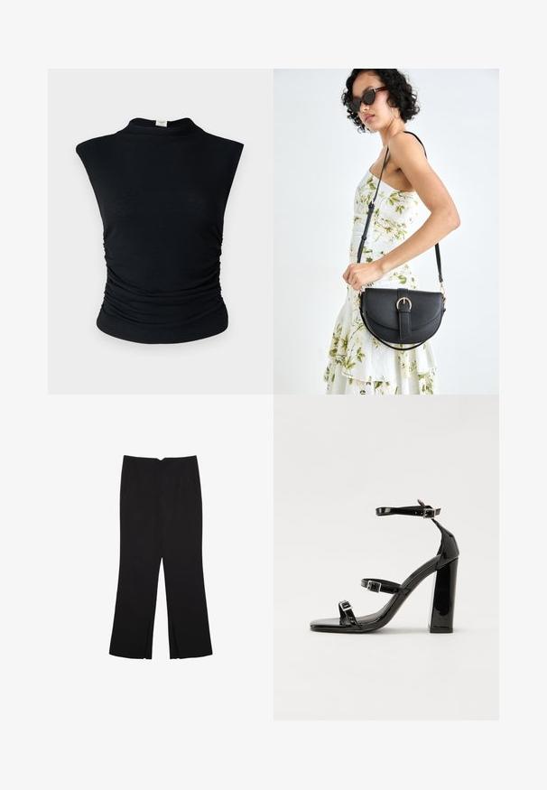 Čierny rebrovaný top bez rukávov s vysokým golierom, s bočným zhlukovaním pre textúru a priliehajúci strih. Mäkký materiál.; Čierne nohavice so strihom rovného strihu, s prednými vreckami a bočnými rozparkami na leme. Vyrobené z mäkkej, hladkej tkaniny. Vhodné na rôzne príležitosti.; Čierne lakované sandále na podpätku so štvorcovou špičkou, navlečenými remienkami okolo členku a striebornými prackami. Disponujú masívnym blokovým podpätkom pre stabilitu.; Čierna kožená kabelka s zaobleným tvarom, odnímateľným popruhom a zlatými doplnkami. Kabelka má klopu s detailom s prackou.