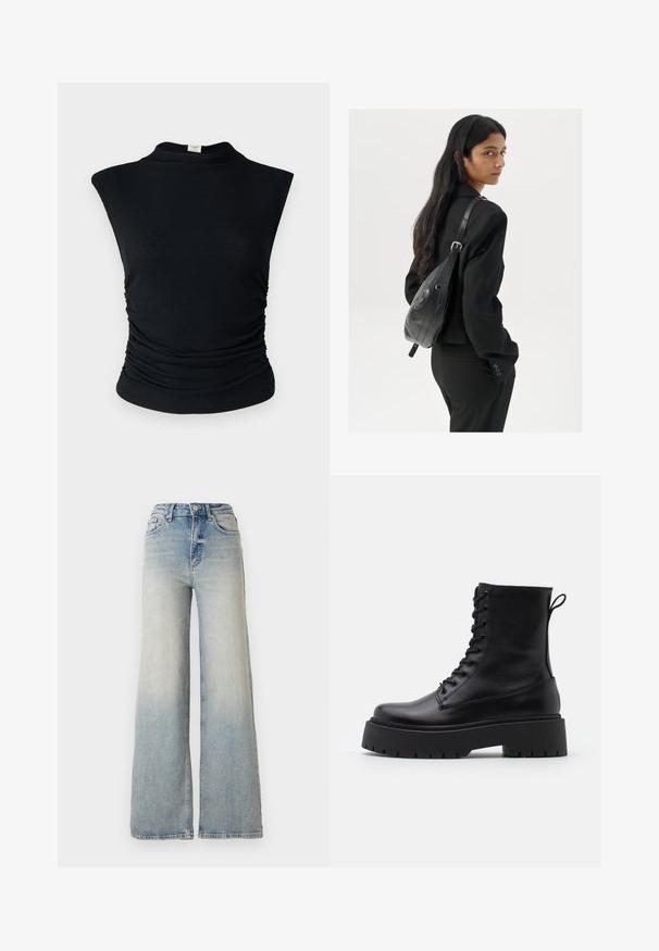 Black ribbed sleeveless top with a high neck, featuring side ruching for texture and a fitted silhouette. Soft material.; Light blue wide-leg jeans made of denim, featuring a high waist, five pockets, and visible stitching along the seams.; Black leather ankle boots with a round toe, lace-up front, and a thick rubber sole featuring a textured tread. Pull tab at the back.; Woman with long dark hair wearing a black suit, carrying a black leather shoulder bag, looking over her shoulder against a white background.