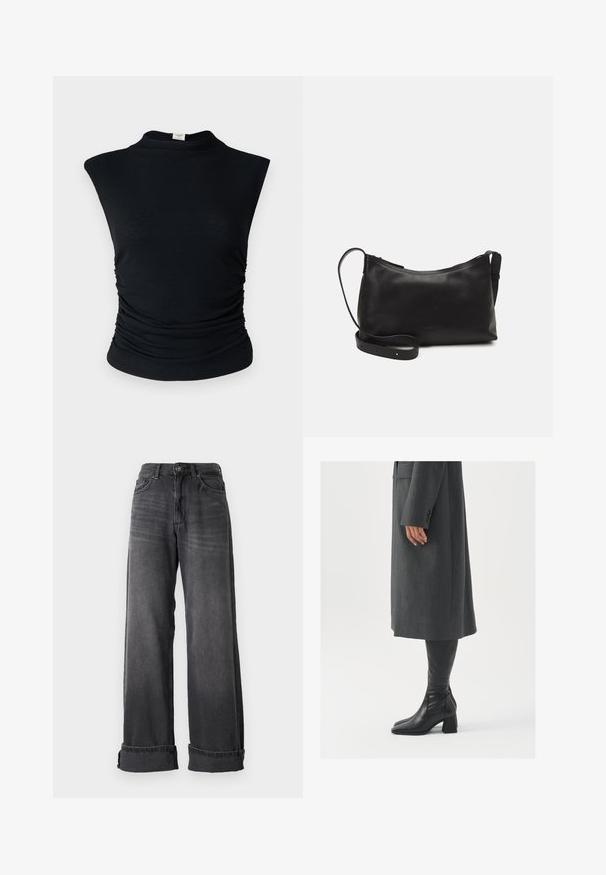Sort ribbet tanktop uden ærmer med høj hals, der har sideløsning for tekstur og en tætsiddende silhuet. Blødt materiale.; Bredde ben jeans i mørkegrå denim med høj talje, fem lommer og opsmøgede manchetter for ekstra detaljer. Glat tekstur med subtile falmninger.; Grå, skræddersyet frakke med lige snit; parret med knæhøje sorte læderstøvler med firkantet tå og kraftig hæl.; Sort læder skuldertaske med en glat tekstur, buet form, justerbar rem og lynlås. Minimalistisk design uden udsmykninger.