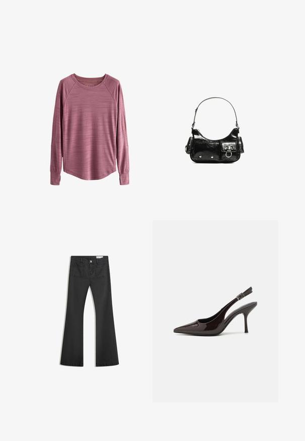 Długi rękaw bluzki w stonowanym różowym kolorze, wykonanej z teksturowanej tkaniny, z zaokrąglonym dołem i rękawami raglanowymi. Posiada lekki, oddychający materiał.; Czarne dżinsy w fasonie z dzwonami, wykonane z denimu o gładkiej teksturze, z dwiema tylnymi kieszeniami i zapięciem na guzik w talii.; Sandały na obcasie typu slingback z błyszczącej ciemno-brązowej lakierowanej skóry, w szpic, z otwartymi bokami i regulowanym paskiem wokół kostki.; Czarna torebka z lakierowanej skóry o zaokrąglonym kształcie, z jednym paskiem na ramię, przednimi kieszeniami i akcentami w kolorze srebrnym.