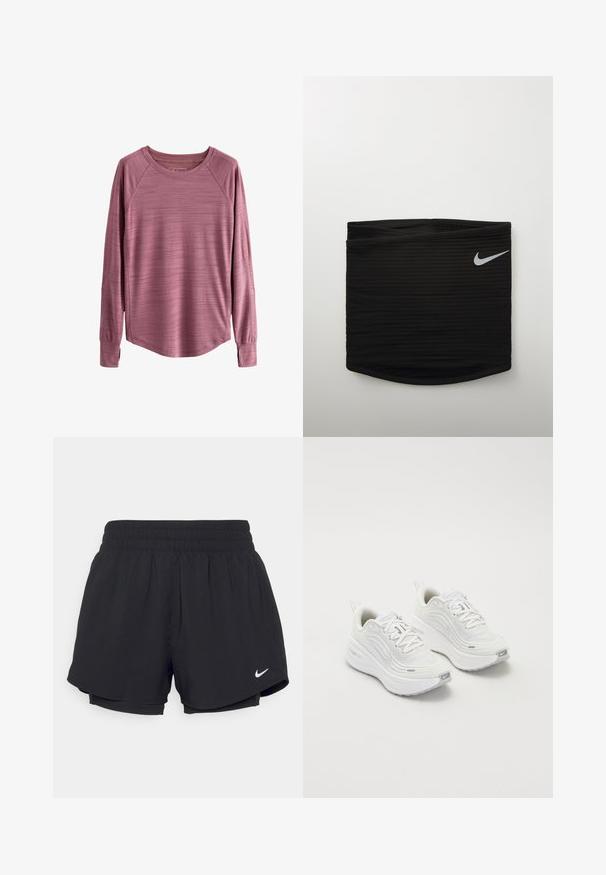 Langärmliges Oberteil in einem gedämpften Rosaton, aus strukturiertem Stoff mit abgerundetem Saum und Raglanschnitten. Aus leichtem, atmungsaktivem Material.; Schwarze Sportshorts mit einem gerafften elastischen Bund, Innenfutter und weißem Nike-Logo auf der unteren linken Seite. Glatter, leichter Stoff.; Weiße Sportschuhe mit einem strukturierten Mesh-Obermaterial, gepolsterter Sohle und dezenten grauen Akzenten. Enthält Branding und eine Schlaufe an der Ferse für einfaches Anziehen.; Schwarzer, athletischer Bund mit gerippter Textur, der auf der rechten Seite ein kleines weißes Nike Swoosh-Logo aufweist. Glattes, enges Design.