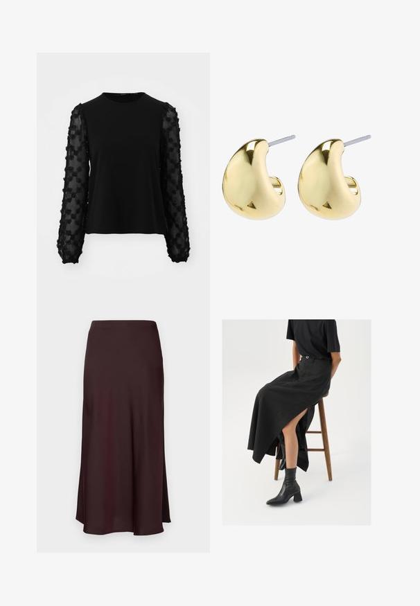 Black blouse with a solid body and sheer, embroidered floral patterned sleeves. Long sleeves with gathered cuffs and round neckline.; Burgundy satin midi skirt with a smooth texture, a straight fit, and a slightly flared hem. No visible patterns or hardware details.; Black linen maxi skirt with a high slit, worn with a black t-shirt and black ankle boots. Minimalistic design with a relaxed fit.; Gold-colored earrings with a smooth, rounded shape featuring a reflective surface and a post back for secure wear.