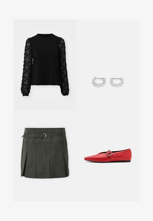 Musta paita, jossa on tiheä kangas ja läpikuultavat, brodeeratut kukkakuosiset hihat. Pitkät hihat, joissa on rypytetyt hihansuut ja pyöreä pääntie.; Tumma vihreä, puuvillainen minihame, jossa on istuva vyötärö, vyö ja etupleatit. Ominaisuuksiin kuuluu ompeluyksityiskohtia ja klassinen leikkaus.; Punainen nahkainen tasapohjainen kenkä, jossa on terävä kärki, sivuhihna metalli soljella ja matala musta korko. Tasainen pintakäsittely.; Hopeat renkaat, joissa on läpinäkyviä suorakulmio- ja kolmiomuotoisia kiteitä, jotka on järjestetty kuvioituna. Korkealaatuiset kiinnityspisteet turvallista kiinnittämistä varten.