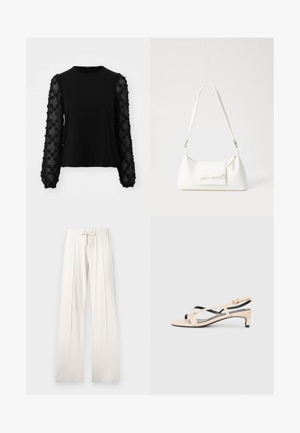 Black blouse with a solid body and sheer, embroidered floral patterned sleeves. Long sleeves with gathered cuffs and round neckline.; Light beige sweatpants made of soft fabric, featuring a drawstring waist, wide legs, and vertical seams, with a smooth texture.; Beige leather slingback sandal with crisscross straps, low heel, and black accents. Smooth texture and minimalistic design.; White synthetic handbag with a triangular shape, flat front flap and bow detail, adjustable strap, smooth texture, and minimalistic design.