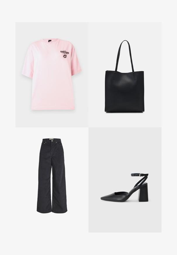 Roosa puuvillane T-särk lühikeste varrukatega, ümar krae, millel on must trükitud tekst ja huulejälg vasakul rinnapool.; Mustadest kammvillast laiad püksid, millel on kõrge vöökoht, esi-peatuste sulgemine ja kaks küljetaskut. Pehme tekstuur ja sirge siluett.; Mustmustest must-käigukingad, millel on konksuga nöör ja paks konts. Ühtlane tekstuur, stiilne disain ja minimalistlik esteetika.; Mustast nahast kott sujuva tekstuuriga, ristkülikukujuline ja kahe pika sangaga. Pole nähtavat riistvara ega kaunistusi.