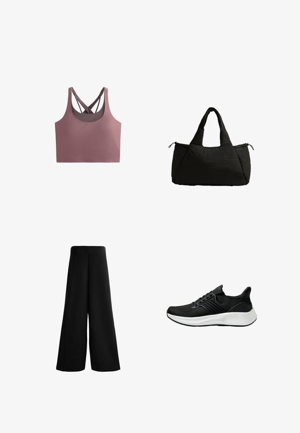 Top braf w kolorze przykurzonego różu o dopasowanym kroju, wykonany z miękkiej tkaniny. Posiada dekolt w serek oraz krzyżujące się ramiączka dla wsparcia i stylu.; Czarne spodnie o szerokich nogawkach wykonane z miękkiego materiału. Posiadają wysoki stan i gładką fakturę z czystymi liniami, oferując luźne, swobodne dopasowanie.; Czarne buty sportowe z teksturowaną cholewką, systemem sznurowania i białą podeszwą środkową. Charakteryzują się niskim profilem i zakrzywionym kształtem podeszwy.; Czarna torba typu tote o puszystej fakturze, z dwoma krótkimi uchwytami i boczną kieszenią zabezpieczoną sznurkiem. Prosta, kątowa konstrukcja.