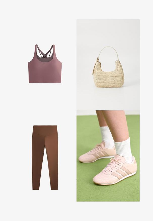 Bralet v praški roza barvi z oprijetim krojem, izdelan iz mehkega blaga. Ima krožni izrez in prečne naramnice za podporo in stil.; Rjave legice z gladko strukturo, visokim pasom in zoženimi nogami, narejene iz raztegljivega materiala. Brez vzorcev ali vidne opreme.; Svetlo roza športni čevlji z diagonalnim šivom, belimi podplati in tremi stranskimi črtami. Oblečeni z rebrastimi belimi nogavicami na zeleni površini.; Tkaná slamnata torba v bež barvi s ukrivljeno obliko, kratko ročico in stranskim zadrgo. Ima teksturirano površino in minimalističen dizajn.