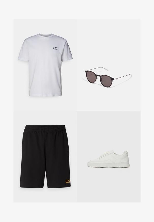 EA7 Emporio Armani - T-shirt z nadrukiem; Czarne sportowe szorty wykonane z miękkiego materiału, z elastycznym paskiem w talii oraz małym, żółtym logo EA7 na dolnej lewej nodze.; Białe skórzane sneakersy o gładkim wykończeniu, okrągłym nosku, płaskich sznurówkach i teksturowanej podeszwie. Charakteryzują się delikatnym logo na pięcie.; Czarne okrągłe okulary przeciwsłoneczne z ciemnymi soczewkami i smukłymi metalowymi ramkami. Zawierają przezroczyste końcówki zauszników oraz srebrne akcenty przy zawiasie. Minimalistyczny design.