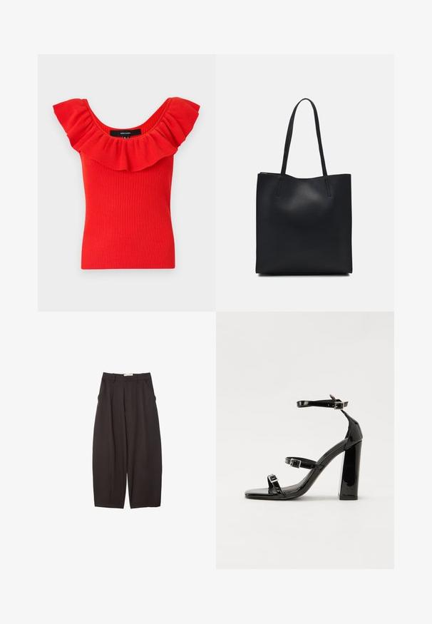 Red ribbed top with a wide, ruffled neckline. Material has a soft texture with a fitted silhouette. Brand label visible inside.; Black wide-leg trousers made from a smooth fabric, featuring a high waist, front pleats, and side pockets. Simple design without embellishments.; Black patent heeled sandals with a square toe, ankle straps, and silver buckles. Features a chunky block heel for stability.; Black leather tote bag with smooth texture, rectangular shape, and two long handles. No visible hardware or embellishments.