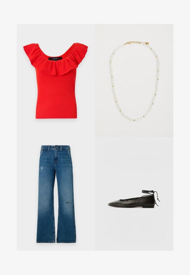 Punane sooniktop, millel on lai volangiga kaelus. Materjal on pehme tekstuuriga ning istub kehale hästi. Brändi silt on nähtav sees.; Sinine teksakangast laiade jalgadega teksad, millel on tuhm tekstuur, esiosas kaks kulumiskohaga, nööp kinnitamine ja viie tasku disain.; Must mustast balletijalatsid, millel on terav nina, pahkluu seotud ja lame tall, sujuva tekstuuri ning minimalistlik disain.; Pärlite kaelakee, kus vahelduvad valged ovaalsed pärlid ja väikesed kuldsed helmed, millel on kuldne lukk. Üldine pind on sile.