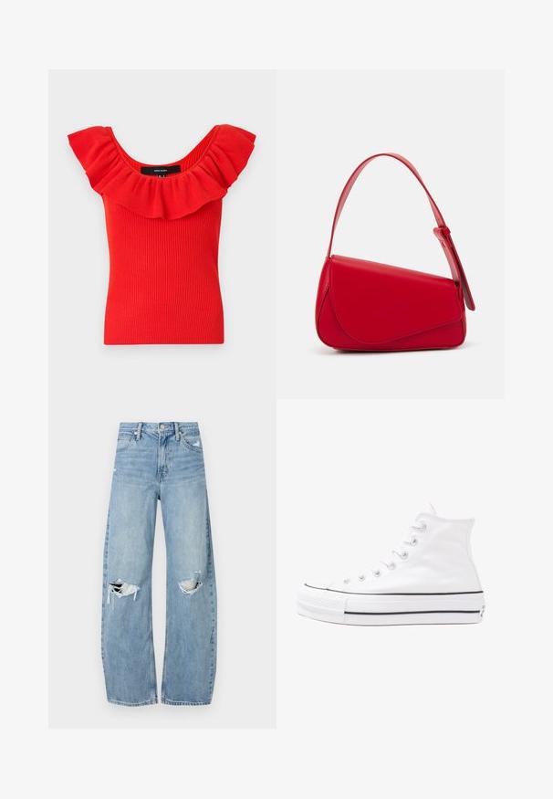 Top rosso a coste con scollatura ampia e volant. Il materiale ha una consistenza morbida e una silhouette aderente. Etichetta del marchio visibile all'interno.; Jeans azzurri chiari a vita alta realizzati in denim. Presentano gambe larghe, due aree strappate sulle ginocchia e il classico styling a cinque tasche.; Sneaker alta in tela bianca con suola in gomma nera, punta in gomma frontale e sei asole per i lacci, caratterizzata da un design pulito e minimalista.; Borsa a tracolla in pelle rossa con un design angolare e geometrico. Presenta una singola tracolla regolabile e una chiusura a patta con dettagli cuciti.